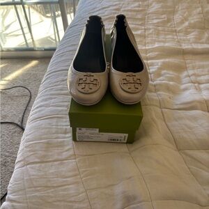 Tory Burch Silver Logo Elastic-Back Ballet Flats
